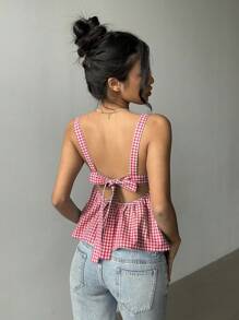 Aloruh Women Plaid Backless Ruffle Hem Camisole Top