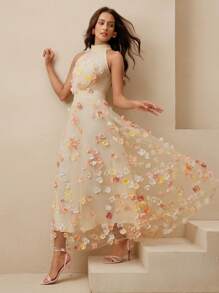 Anewsta Robe trapèze sans manches avec décoration florale 3D