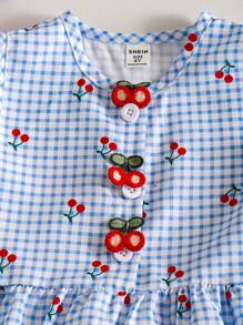 小女孩可爱蓝色格子樱桃装饰独特可爱T恤套装，含樱桃上衣，夏季时尚碎花装 - 淺藍色 - 查看 5