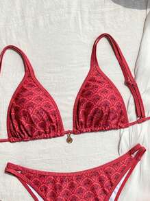 Swim Mod 2pcs/Set Women's New Adjustable Shoulder Strap Red Ditsy Floral Gold Disc Decor Sexy High Cut Side Vacation Bikini Set Set, Spring/Summer 2026