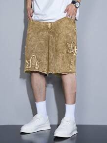 Manfinity Homme Men's Distressed Pocket Pentagram Loose Wide Leg Casual Denim Shorts - Khaki - View 5