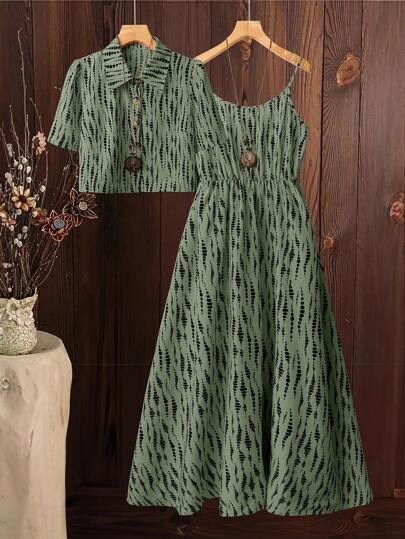 SHEIN Clasi Elegant Collar Button Up Shirt And Slim Printed Waist Cinching A-Line Length Dress Summer Two Pieces Set,Spaghetti Strap Full Printed Dress With Ruffle Hem Maxi Vacation Beach Outfits Women