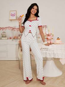 SweetSlumber Conjunto de pijama de punto para mujer con estampado de corazón y aplicación de encaje