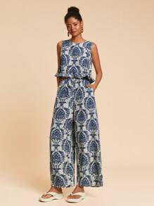 Travachic In Damask Xù Hoa Sen Áo ba lỗ & Quần ống rộng - Màu xanh bụi bặm - Xem 5