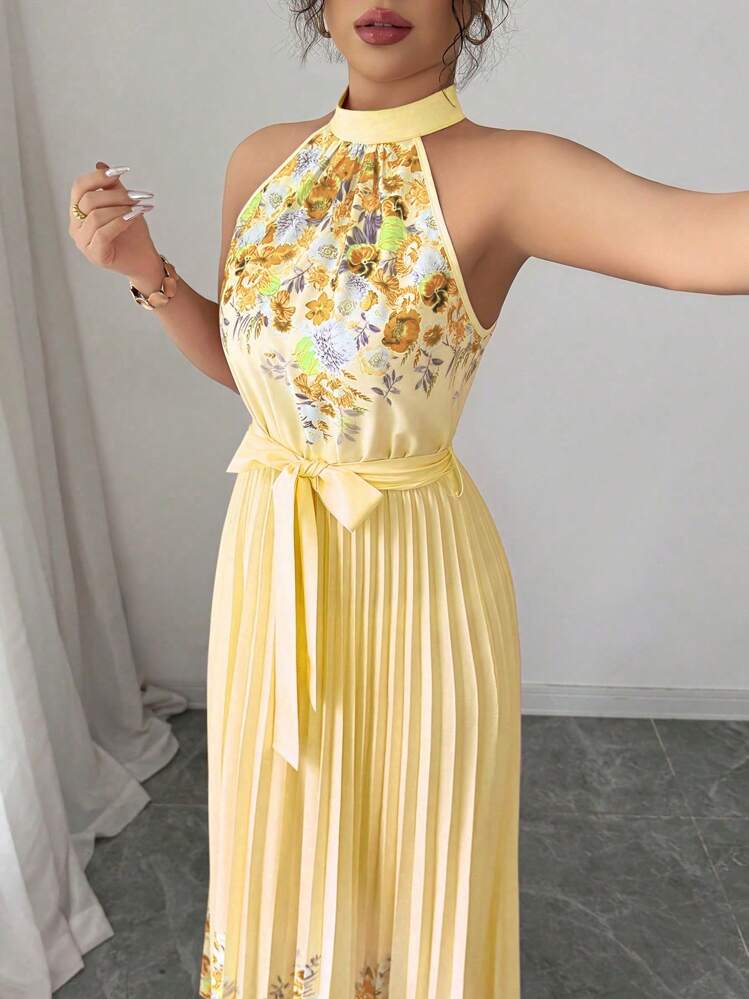Elenzga Vestido de verano elegante con estampado floral y corte holgado con cuello halter para mujeres - Amarillo - Añade 4