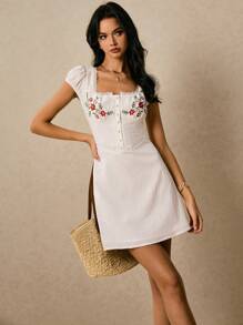 Poéselle Women Floral Embroidered Single-Breasted Cap Sleeve Casual Mini Dress