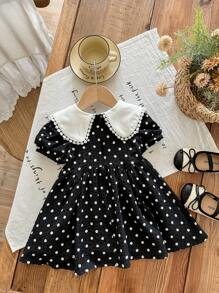 SHEIN LMoss Kids Babygirl 可爱夏季格子花卉图案彼得潘领连衣裙 - 黑與白 - 查看 2