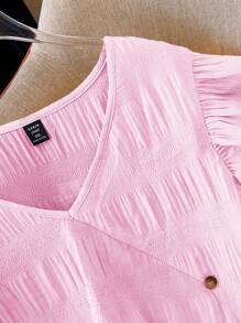 Plus Size Women Elegant Romantic Solid Color V-Neck Faux Button Shirt - Baby Pink - View 3