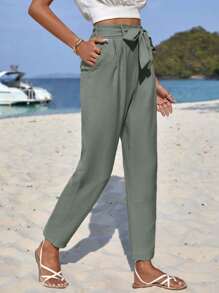EURMUSE Solid Tie Front Trousers - Mint Green - View 3