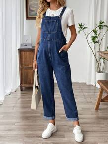 SHEIN Maternity Blue Simple Everyday Denim Cuff Overalls - Dark Wash - View 4
