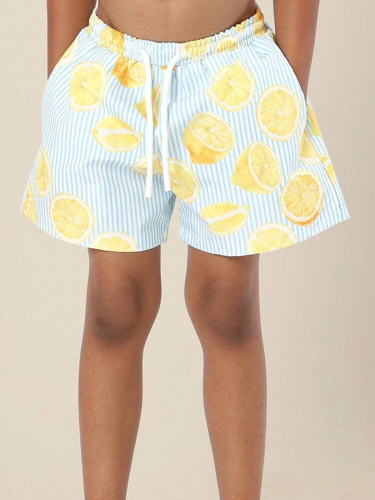 Citrus Print Elastic Drawstring Shorts