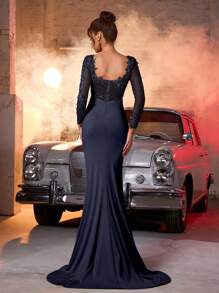 Glamrae Elegant Luxury Pearl Rhinestone Patchwork Elastic Ruched Mermaid Skirt, Suitable For Wedding, Party, Date, Ball, Formal Occasion (Heavy Embellishment), For Valentine's Day - Navy Blue - View 2