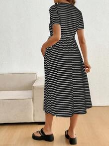 SHEIN 孕妇夏季条纹短袖系腰休闲连衣裙