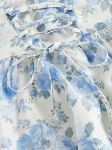 SHEIN MOD Vestido de largo medio con estampado floral y nudo delantero, para primavera/verano - Celeste - Ver 3