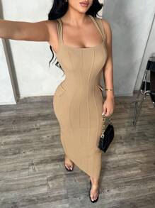 SHEIN SXY 女士米色优雅简约方领修身长裙，适合办公室、通勤、正式场合的职业装 - 卡其色 - 查看 5