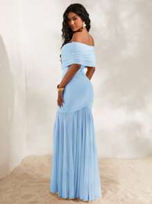 Opulessa 女士纯色针织与网眼露肩鱼尾下摆紧身连衣裙 - 藍色 - 查看 2