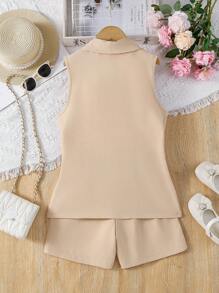 3 pièces/set Chemise sans manches à col rond pour préadolescentes, débardeur élégant à bretelles fines et shorts mode d'extérieur, été