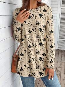 EMERY ROSE Áo thun nữ cổ tròn tay raglan in họa tiết hoa cổ điển viền bất đối xứng, phù hợp cho mùa thu/đông - Nhiều màu - Xem 4