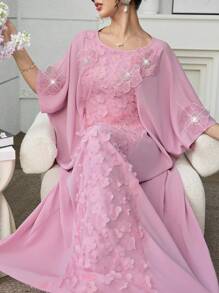 Al Najma 春夏船领3D花卉土耳其和阿拉伯传统长袍 - 粉色 - 查看 3