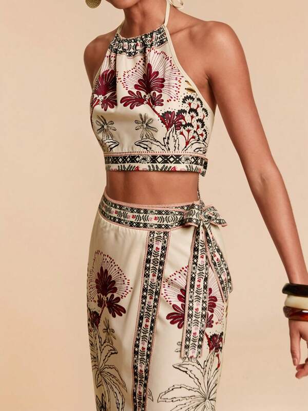 Travachic Women Bohemian Style Print Camisole & Printed Midi Skirt Set