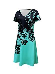 INAWLY 女士优雅休闲V领中长印花连衣裙 - 彩色 - 查看 4