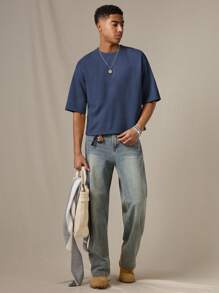SWAVVY Camiseta de manga corta informal y holgada con bordado numérico para hombres
