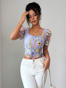 Elenzga Blusa de manga corta con cuello de volantes de malla bordada con flores, estilo elegante para el verano - Multicolor - Ver 6