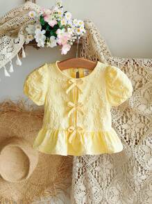 SHEIN Vintaside Kids 女婴花卉纹理面料衬衫，田园风格，可爱时尚，百搭，舒适，适合春夏季 - 黃色 - 查看 3