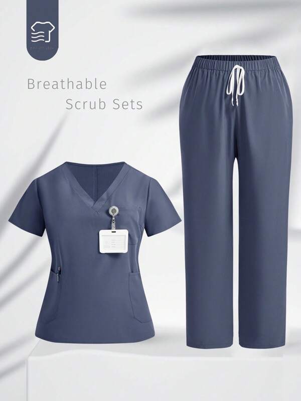 TaskEZ Set uniformă medicală/sănătate, culoare solidă, mărime plus, mânecă scurtă
