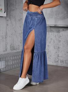 Jeanoix 女式休闲水洗高开衩牛仔裙 - 藍色 - 查看 6