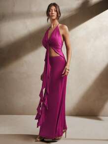 L'Amorae Women Two Piece Co Ord Knit Set,Halter Ruffle Neck Crop Top & Maxi Skirt,Magenta Summer Elegant Vacation Holiday Wedding Guest Berry Resort Ibiza Wear - Hot Pink - View 4