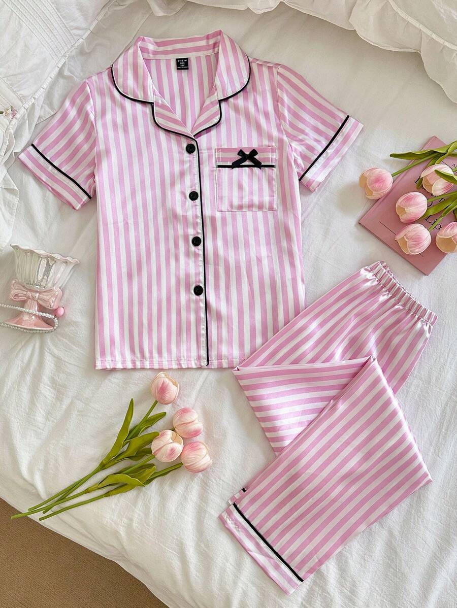 SHEIN Girl Teen Faux Silk Pink & White Striped Cardigan Pajama Set