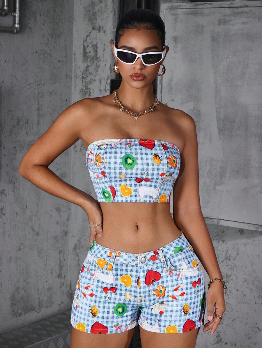 Jeanoix Women's Denim Fruit Print Cropped Bandeau Top