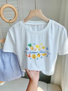 Comfortcana 2pcs Women Summer Letter & Pineapple Print Round Neck Short Sleeve T-Shirt And Striped Shorts Set