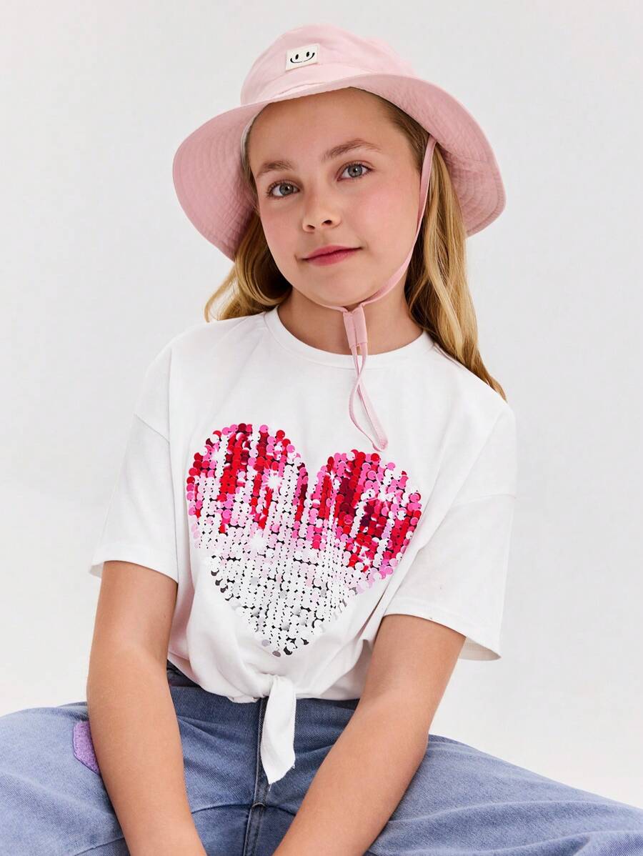 SHEIN Tween Girls' Casual Minimalist Comfortable Round Neck Short Sleeve Heart Shape Print T-Shirt - White - View 1