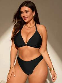 Swim Chiccia 2pcs/Set Plus Size Women Holiday Halter Neck Tie Front Bikini Top And Triangle Bottom Swimsuit High Waisted Swimsuit For Summer Beach Vacation