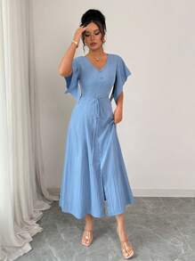 Elenzga Abito elegante e casual da donna con scollo a V, linea A, lunghezza media, decorazione con bottoni, maniche a sbuffo, adatto per festa del tè, vacanze, pendolarismo, primavera e estate - Blu - Visualizzare 3