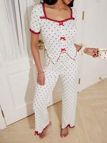 SweetSlumber Conjunto de pijama de punto para mujer con estampado de corazón y aplicación de encaje