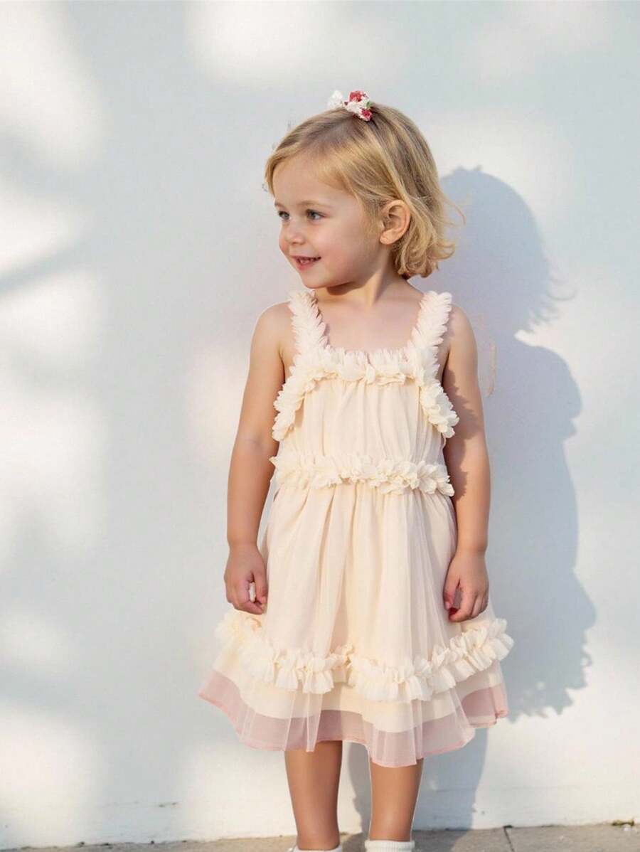 Souflis Souflis 女婴荷叶边饰边网眼覆盖吊带连衣裙 - 卡其色 - 查看 1