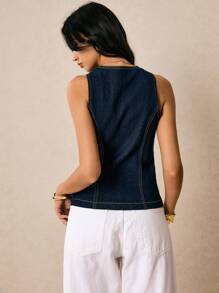 Poéselle Vintage Rose Button Denim Vest Top – Sleeveless Fitted Jean Waistcoat For Women,Denim Vest Top", Rose Button Top, Vintage Denim Vest, Sleeveless Jean Waistcoat, Fitted Denim Top, Denim Corset Top, Y2k Denim Fashion, Summer Denim Vest, Old Money, Business Casual Woman - Dark Wash - View 2