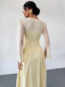 Firerie Women's Elegant Dignified Charming Dress With Square Neck, Mesh Panels, Extra Long Slit Sleeves, A-Line, Yellow Color, Suitable For Banquet, Wedding Guest, Vacation, Graduation Dress, Vacation Outfits Woman - Yellow - View 7