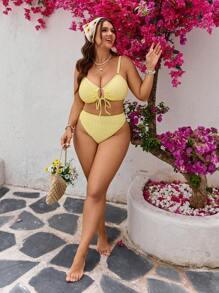 Swim Mod 加大码纯色泳衣套装，适合度假和海滩 - 黃色 - 查看 3