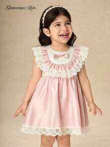 Glamorique Kids فستان بناتي من الساتان بألوان مختلطة مع تفاصيل من الدانتيل المكرمل، فستان حفلة بأسلوب كولدج مزين بعقدة الفيونكة للأطفال الرضع في عيد الميلاد