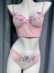 SHEIN Set de 2 piezas de ropa interior de mujer con encaje bordado (con aros, tanga)