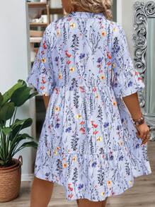 EMERY ROSE Plus Size Women's Summer Floral Branch V-Neck Ruffle Trim Loose Shift Dress - Baby Blue - View 2