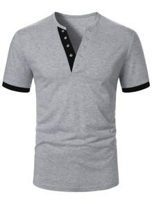 Manfinity Homme Camiseta de manga corta minimalista casual y de negocios con ribete de contraste para hombres