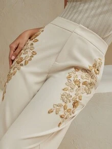 Anewsta Eleganti pantaloni da tailleur da donna con decorazioni floreali in perline, adatti per l'ufficio