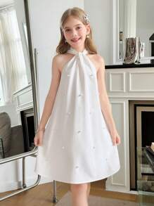 SHEIN 青少年女孩优雅纯白色挂脖珍珠铆钉后背蝴蝶结喇叭形 A 字无袖连衣裙 - 白色 - 查看 8