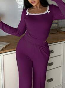 2pcs Women's Square Neck Bowknot Pullover Top & Pants Pajama Set, Fall Winter Clothes - Purple - View 4