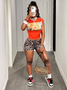 Slaydiva 2025 Neuer Sommer Lässig Street Hottie Stil Y2K Alltags-Date Rundhals Kurzarm Dichte Kante Kontrastfarben Linie Portrait Muster Muster Retro Orange T-Shirt + Ultra Shorts Leoparden Hose Damen Zweiteiler-A Grafik T-Shirts Damen Y2k Y2k Zweiteiler 2 Teile Shorts Set - Verschiedenfarbig - Übersicht 6